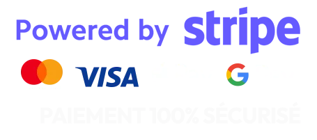 Différentes méthodes de paiement sécurisées implementée par Stripe incluant Mastercard, Visa, Apple Pay, et Google Pay.