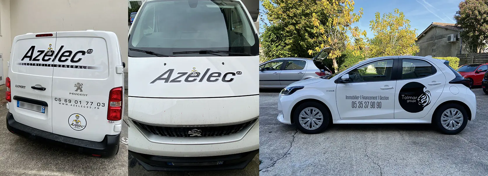 Trois images de véhicules commerciaux blancs avec logos et lettrage publicitaire professionnel. Un plan à l'arrière d'un camion, l'autre sur son capot, et une vue de côté d'une voiture.