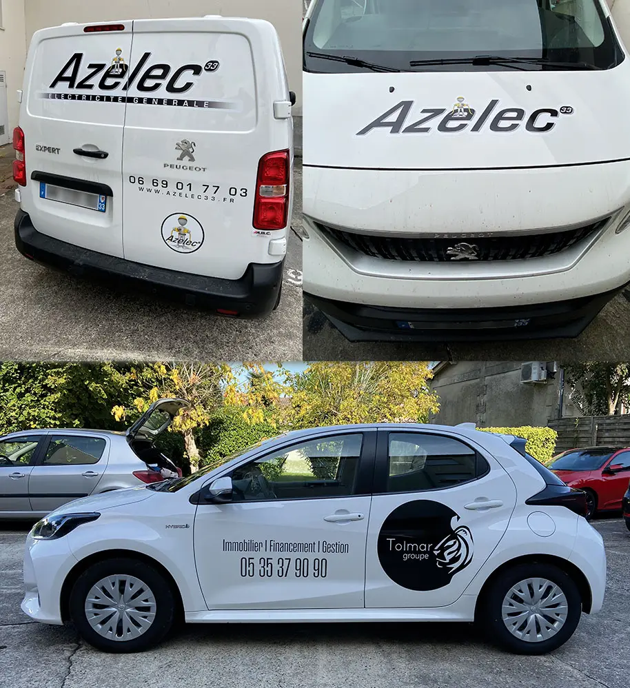 Trois images de véhicules commerciaux blancs avec logos et lettrage publicitaire professionnel. Un plan à l'arrière d'un camion, l'autre sur son capot, et une vue de côté d'une voiture.