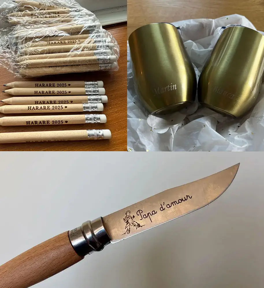 Trois images montrant des crayons en bois marqués « HARARE 2025 », deux gobelets métalliques gravés des prénoms Martin et Bianca, et un couteau pliant avec une inscription gravée « Papa d'amour » sur la lame.