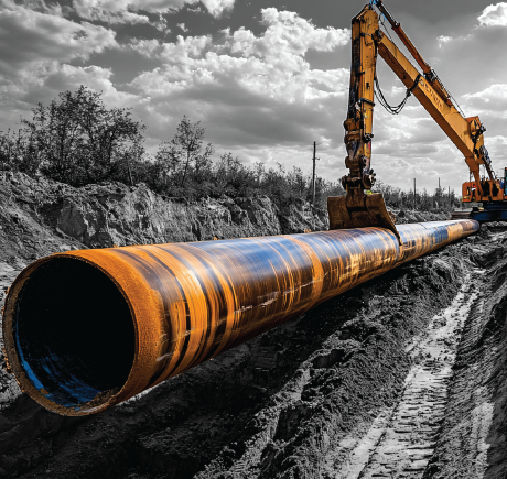 A large metal pipe being placed on the ground by a excavator 