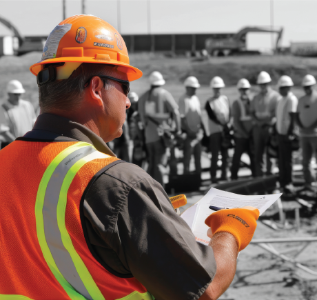 A lead construction holding papers and giving a brief to their workers.   
