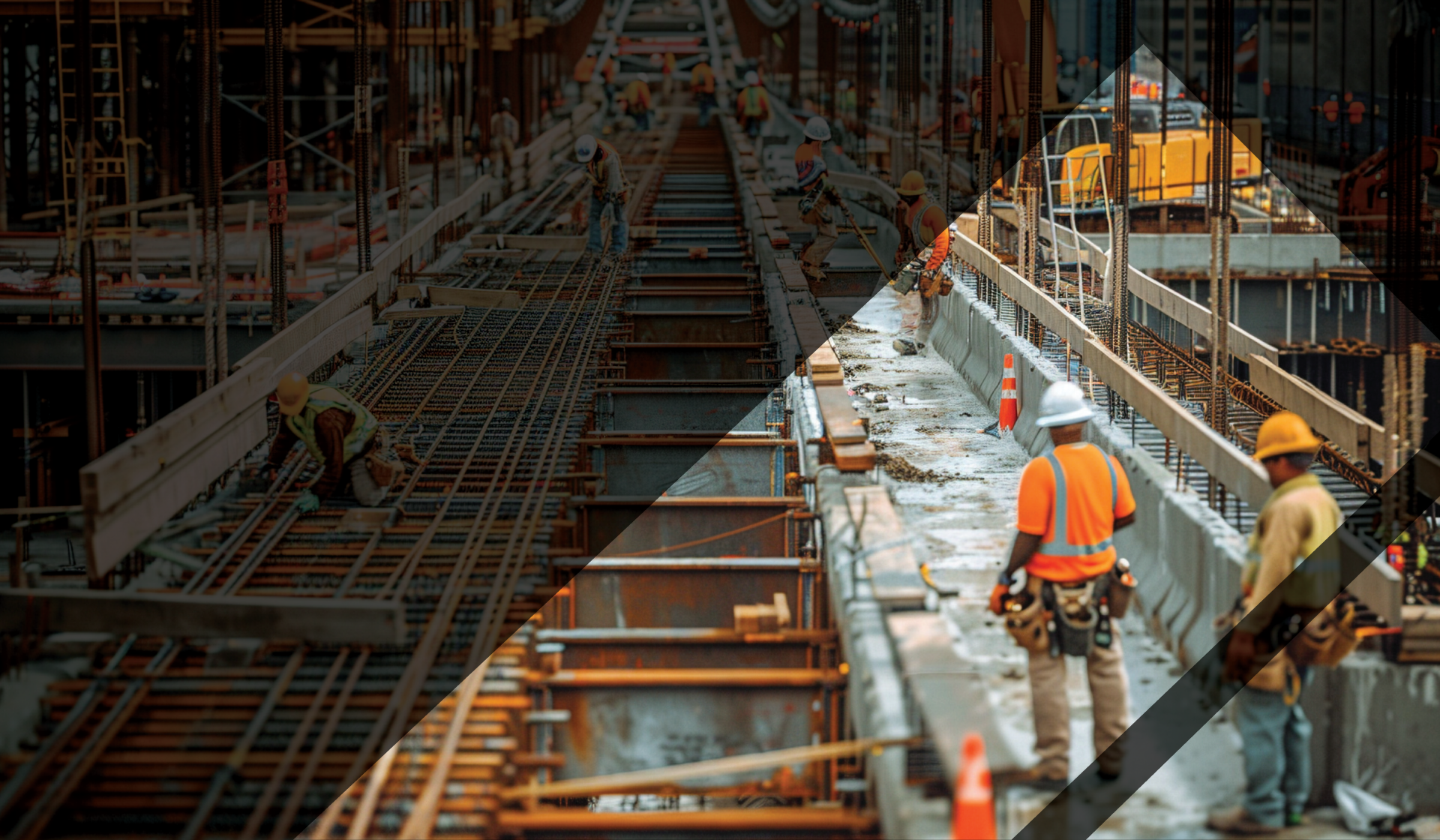 Many construction workers standing and working on a metal structure. on top of the image is a black transparent overlay with a cut out of the eagle mountain icon.   