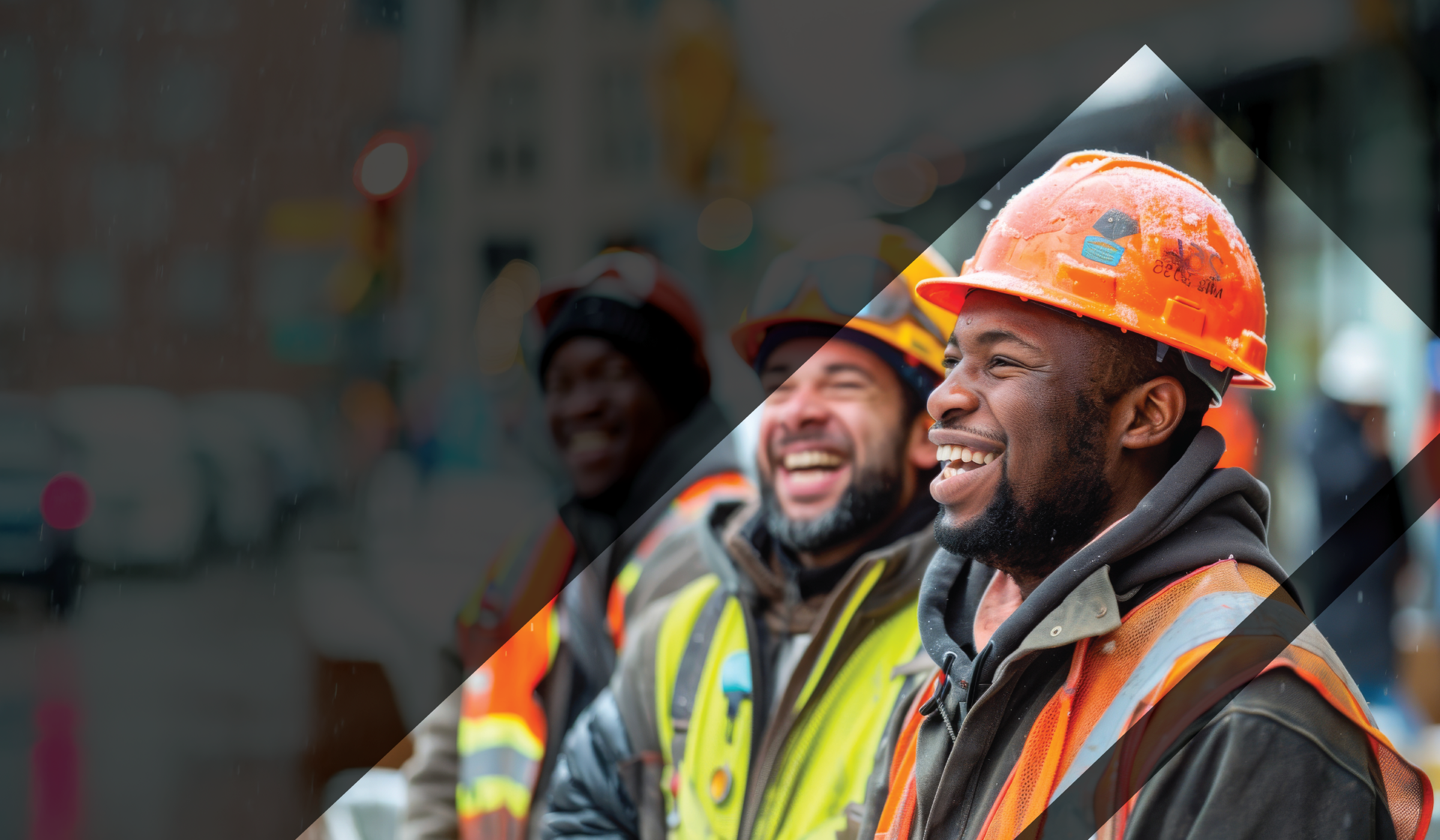 Construction workers smiling and laughing