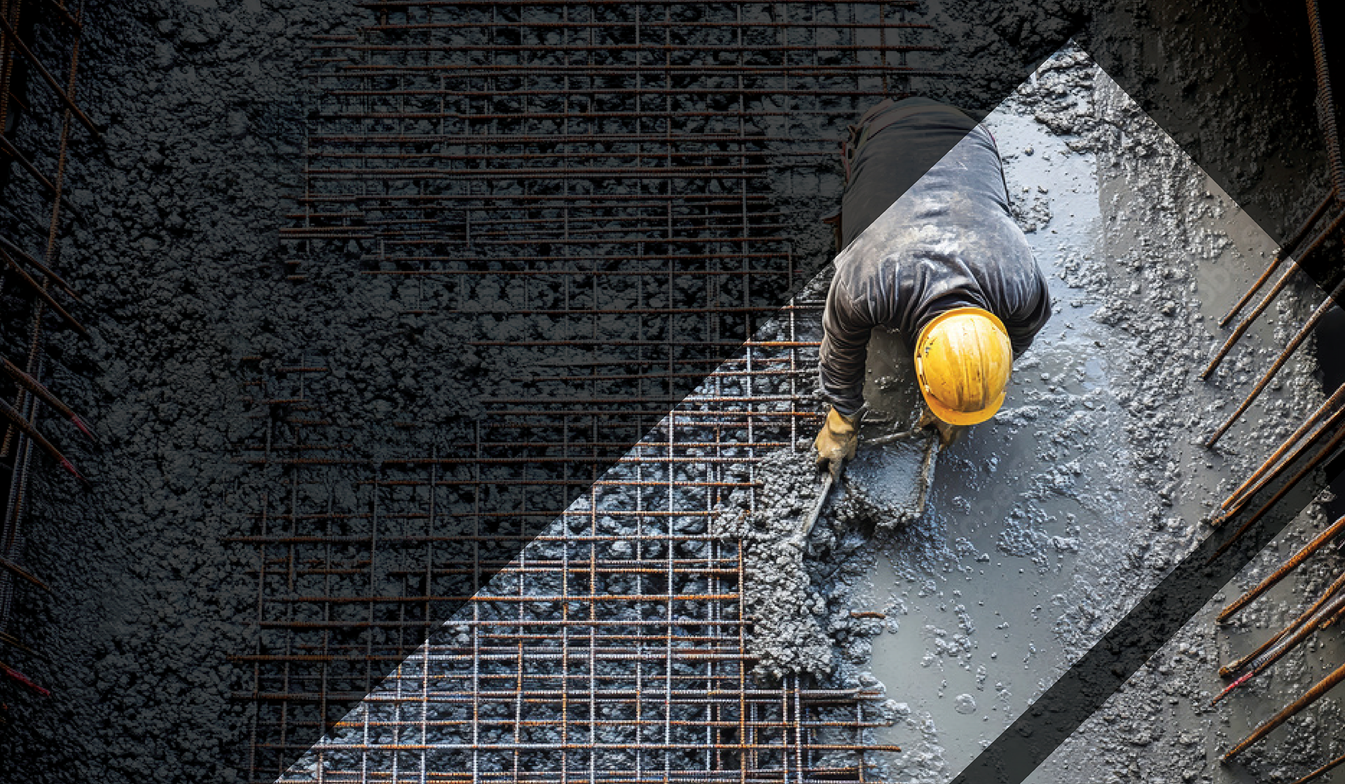 A construction workers spreading wet concrete over rebar. on top of the image is a black transparent overlay with a cut out of the eagle mountain icon. 