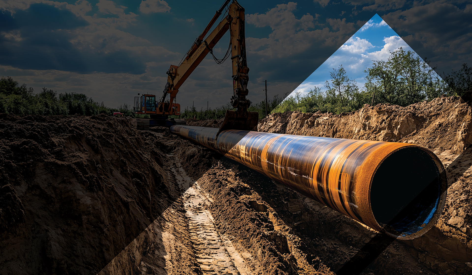 A excavator placing a large metal pipe in the ground. 