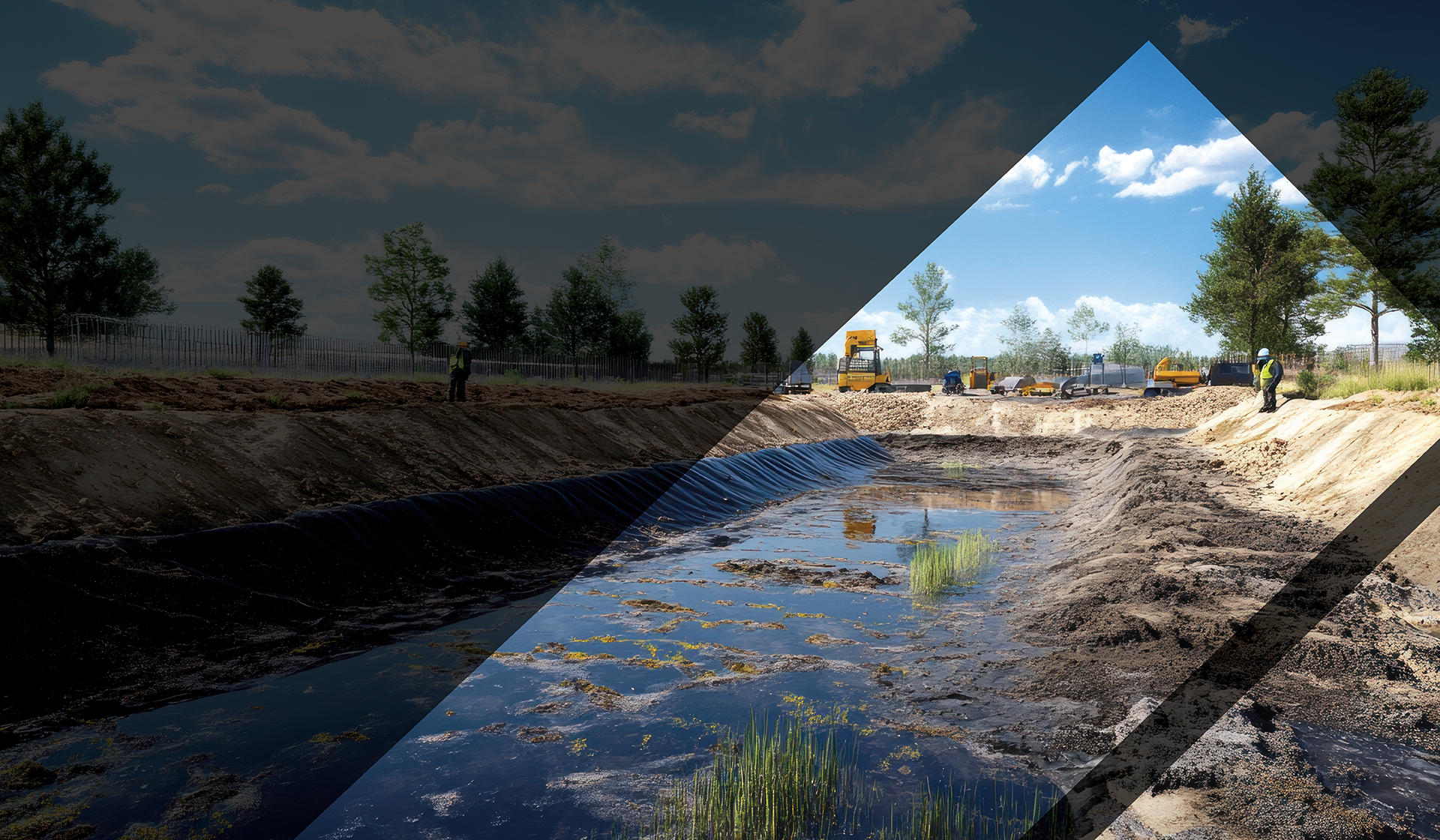 A image of the construction of a pond. There is machinery and people in the background. 