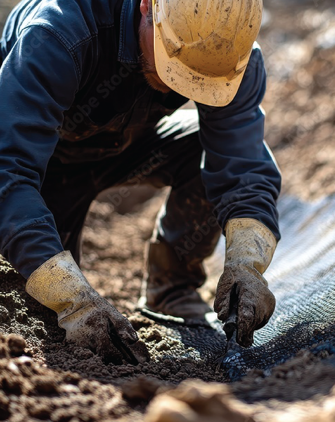a construction worker crouched digging in the dirt. 
