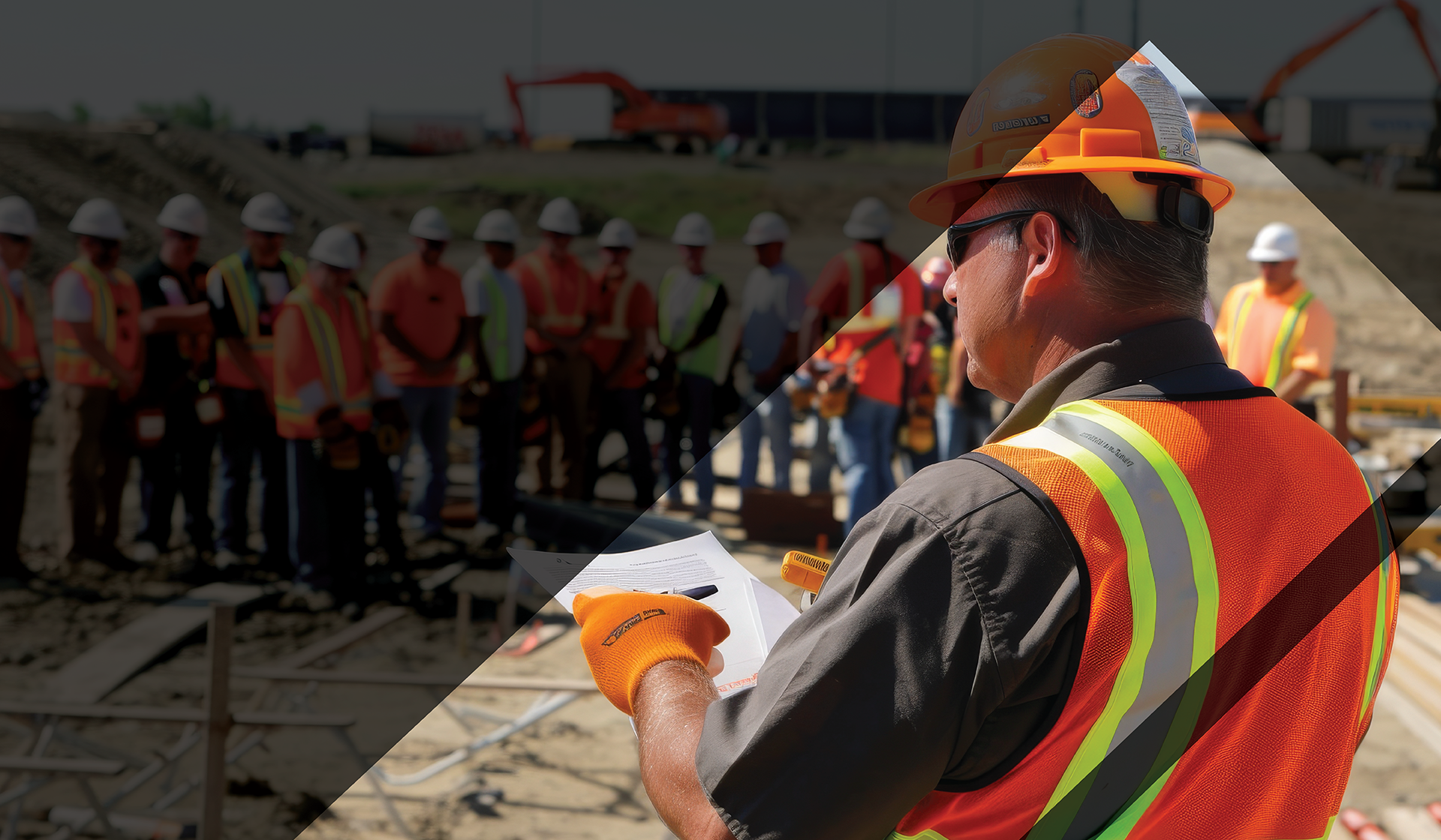 A construction foreman talking to his workers. 