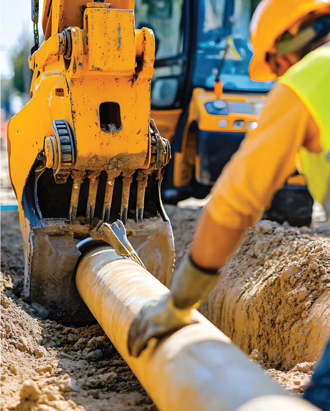 A construction worker helping an excavator place a pipe in the ground.