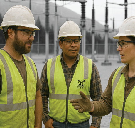 three construction workers wearing high-vis talking 
