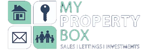 Logo with icons of a house, key, envelope, and family, alongside the text 'MY PROPERTY BOX Sales | Lettings | Investments'.