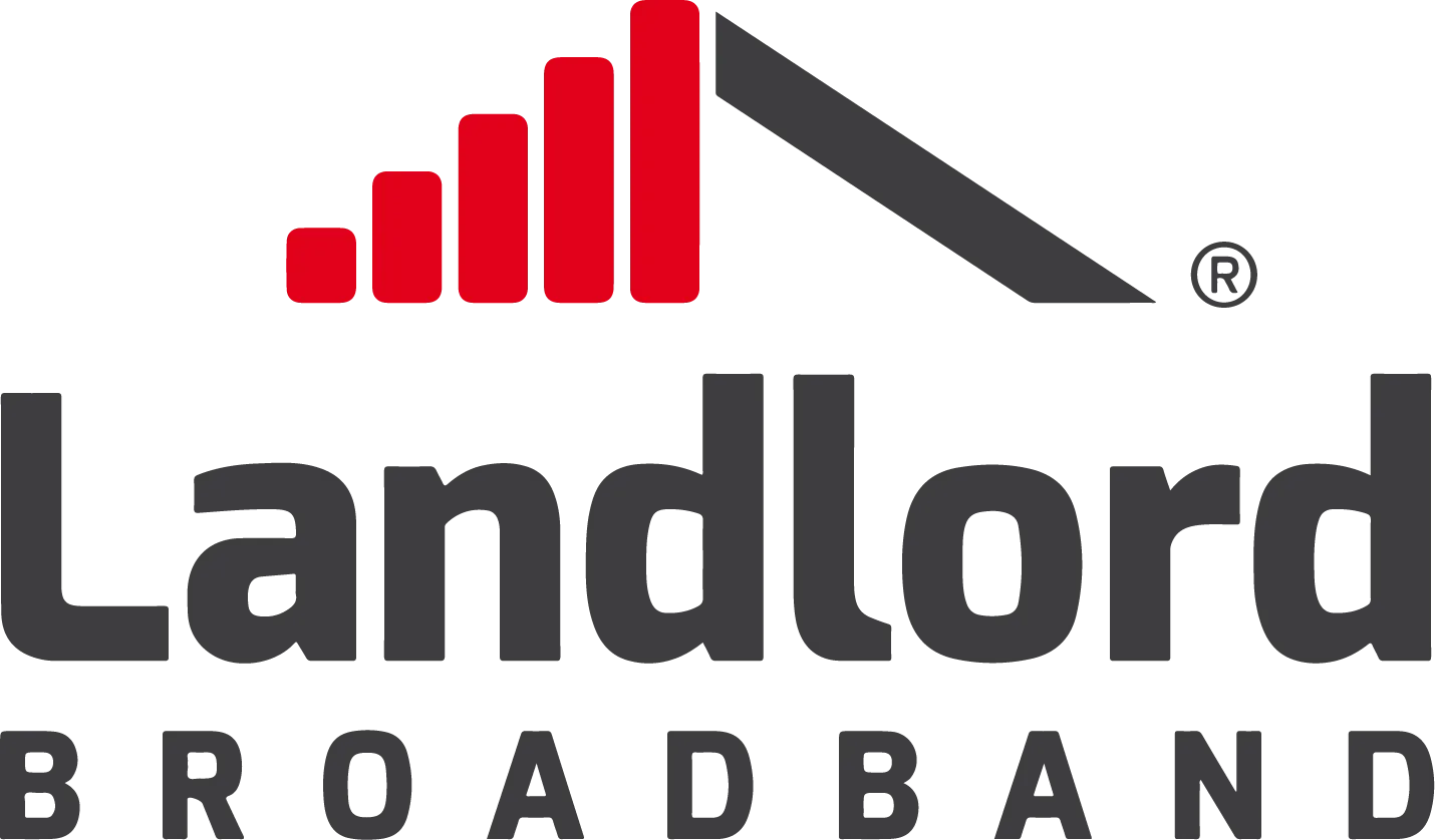 Landlord Broadband logo featuring a stylized red bar graph integrated into a roof shape above the company name.