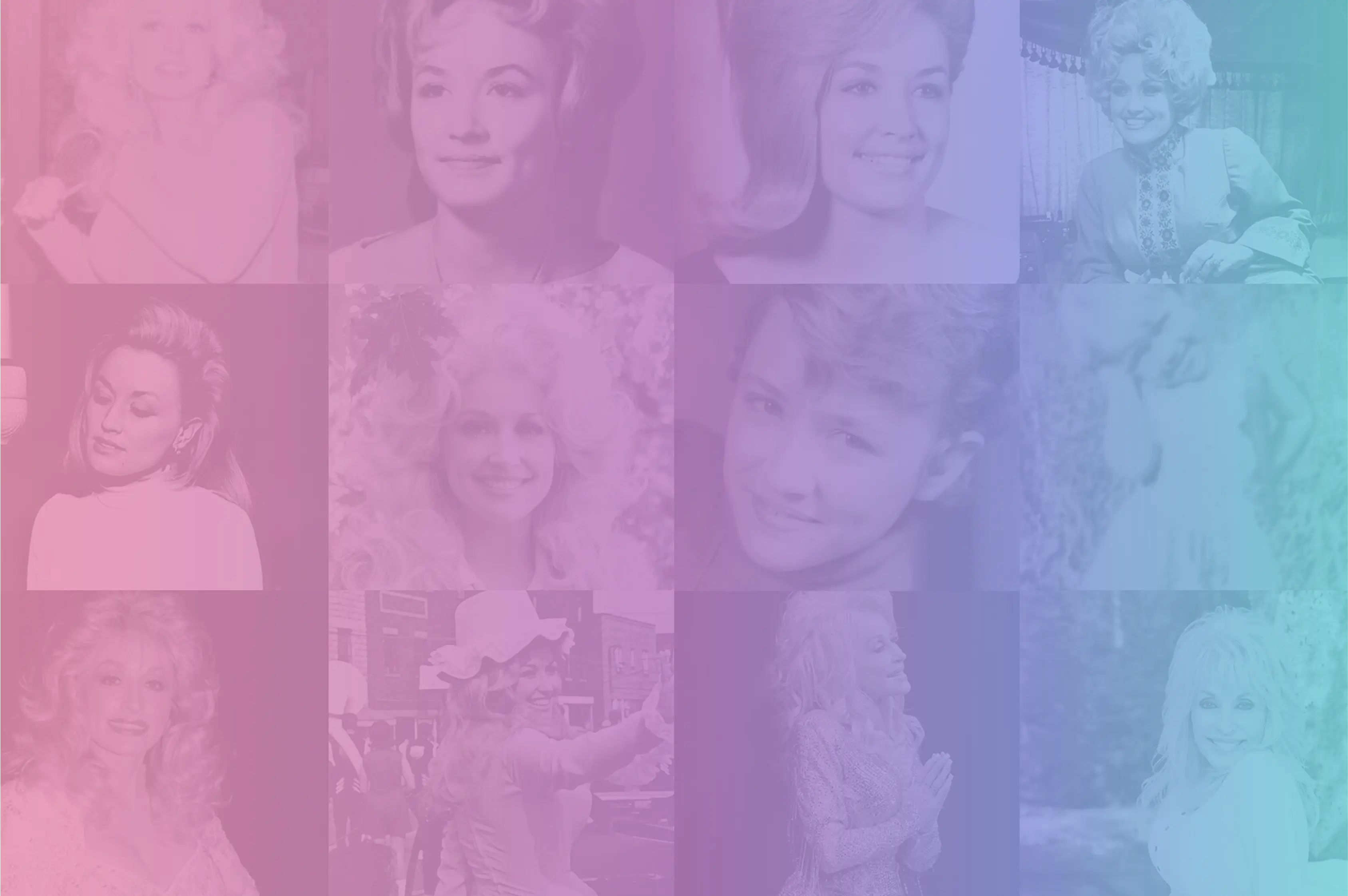 A colorful gradient collage featuring multiple vintage photos of Dolly Parton from different stages of her life, highlighting her evolution from youth to stardom.