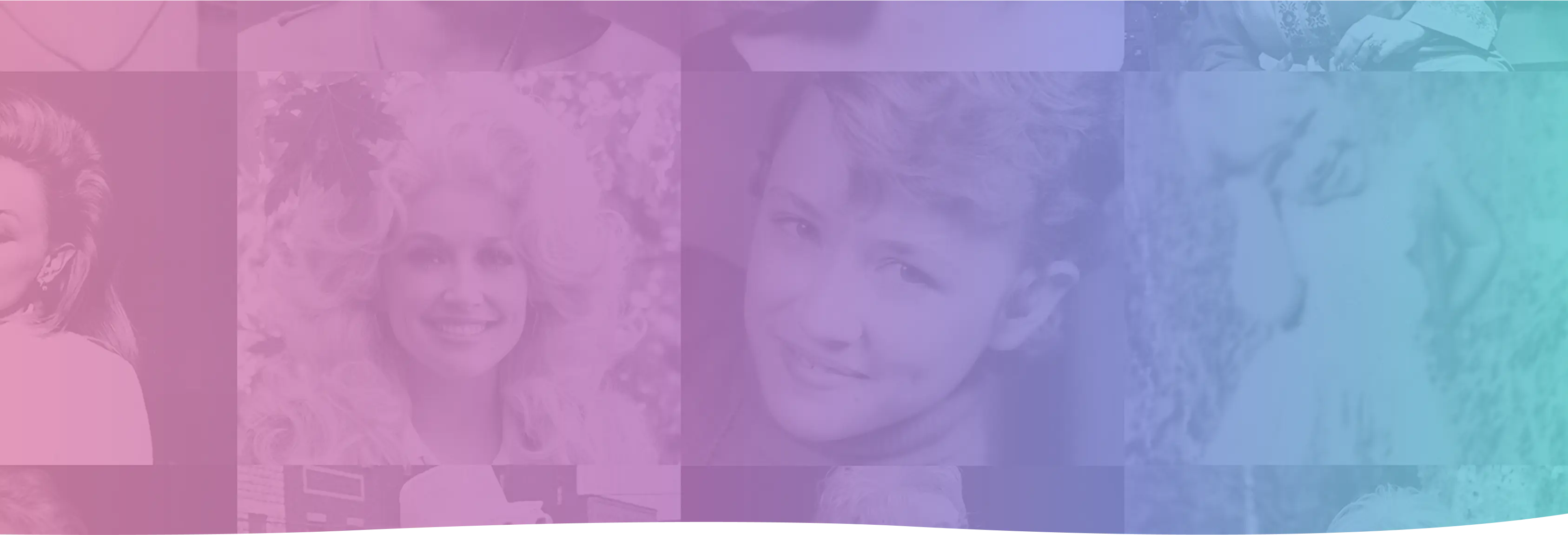 Collage of Dolly Parton’s photos from childhood to her iconic career, shown through a soft pink, purple, and blue gradient overlay, celebrating her life and legacy in music.