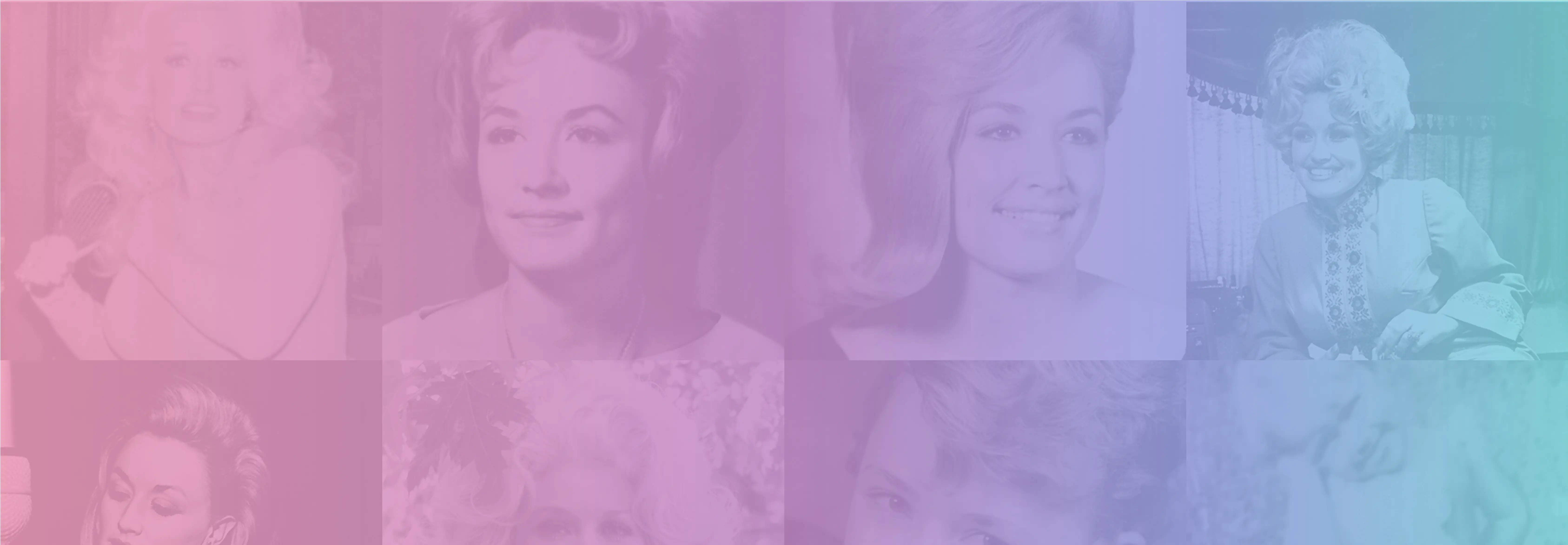 Collage of Dolly Parton’s photos from childhood to her iconic career, shown through a soft pink, purple, and blue gradient overlay, celebrating her life and legacy in music.