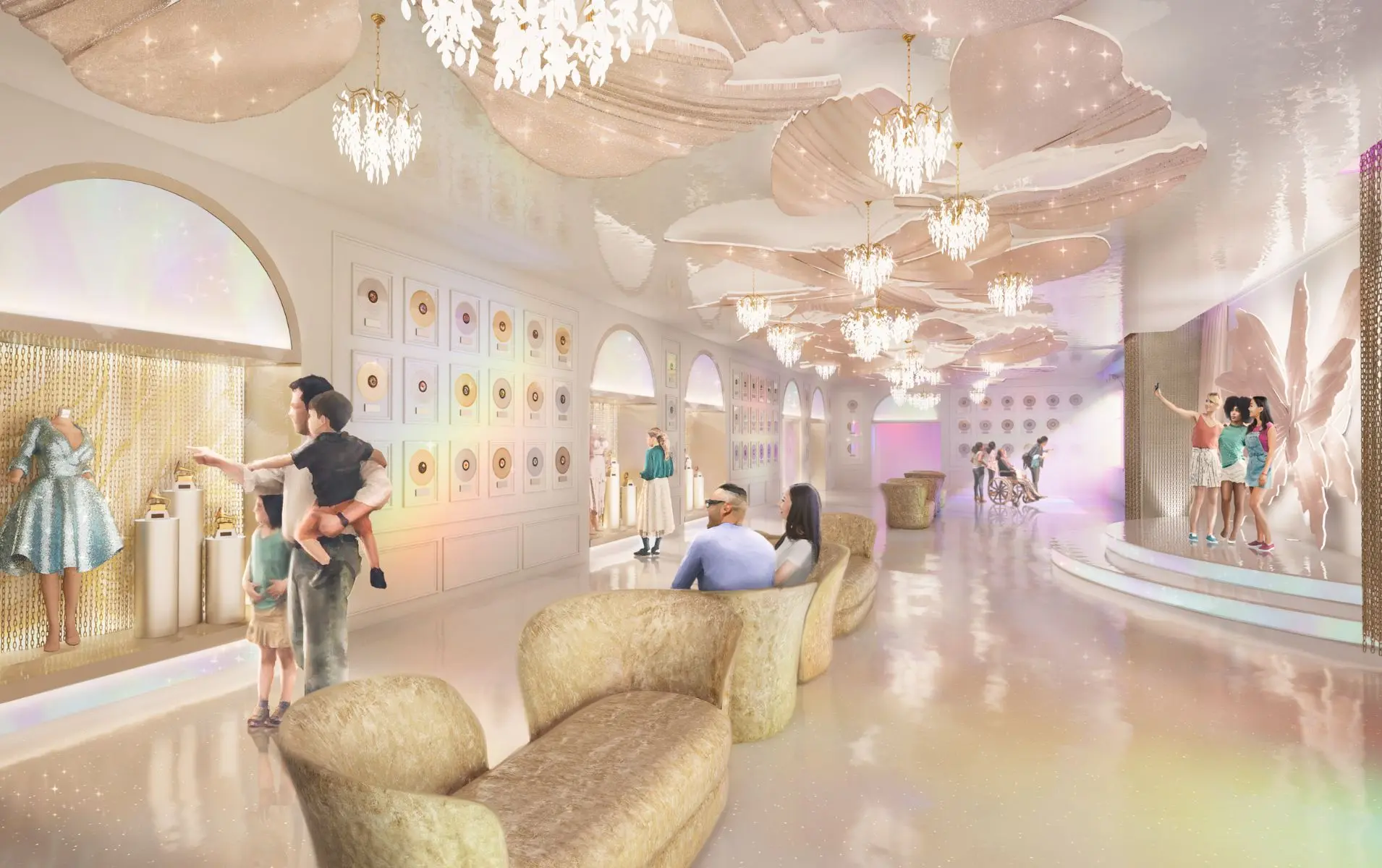 Elegant gallery inside the Songteller Museum with gold record displays, chandeliers, and people admiring Dolly Parton’s dresses and awards.