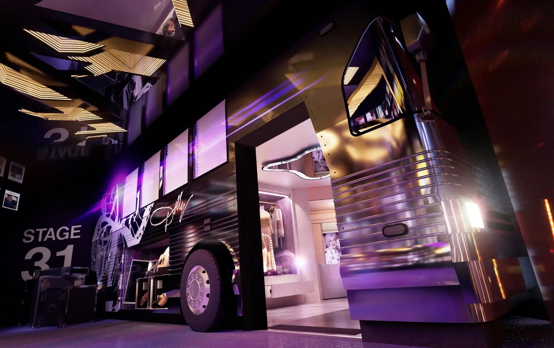 Life-size replica of Dolly Parton’s tour bus at the Songteller Museum, featuring purple lighting and an interior display of memorabilia.