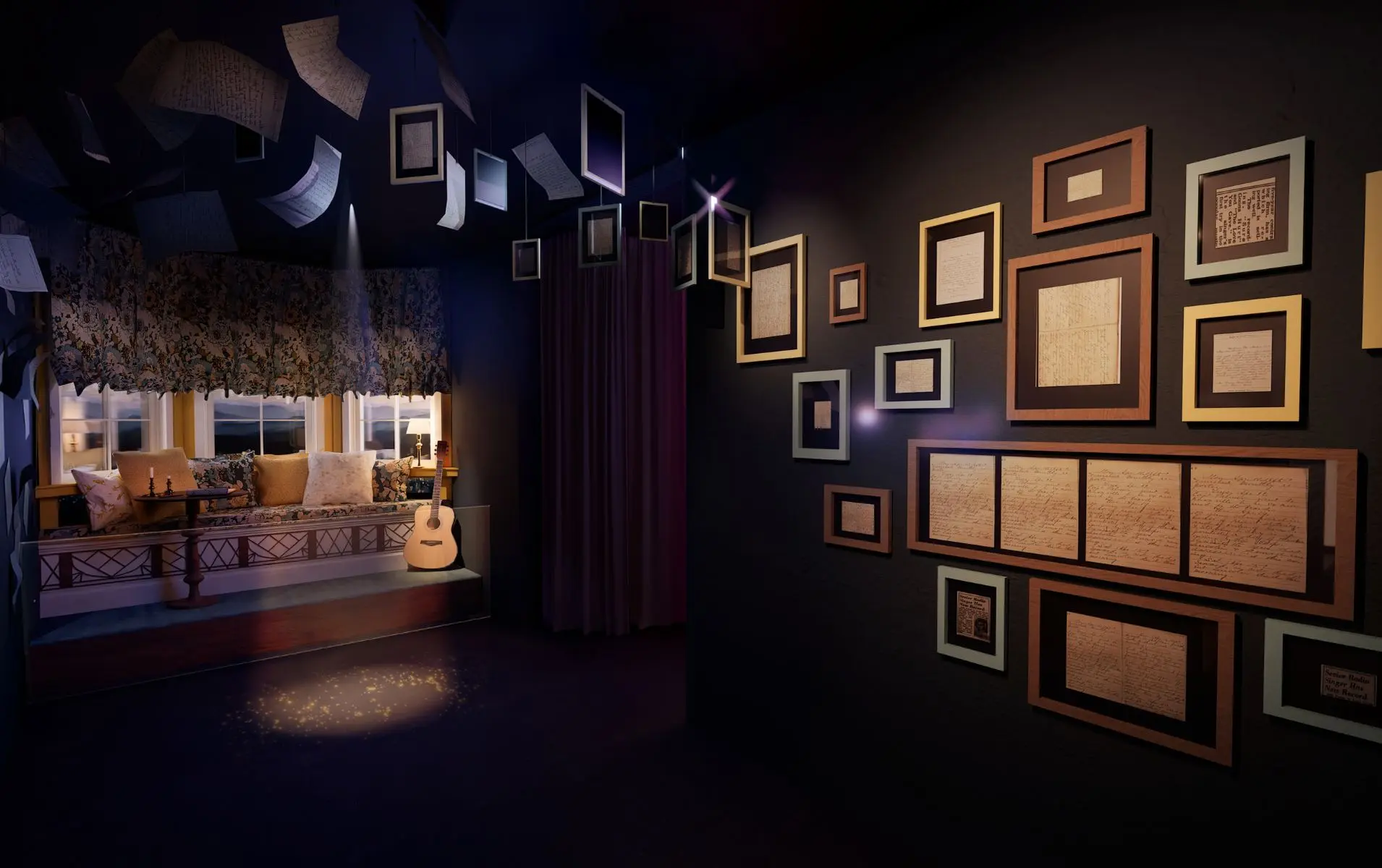 A cozy exhibit space with framed handwritten lyrics on the walls and a guitar near a window seat, representing Dolly Parton’s songwriting process.
