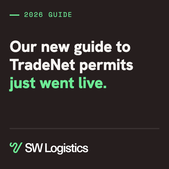 Text stating the 2026 guide for TradeNet permits just went live with SW Logistics logo below.
