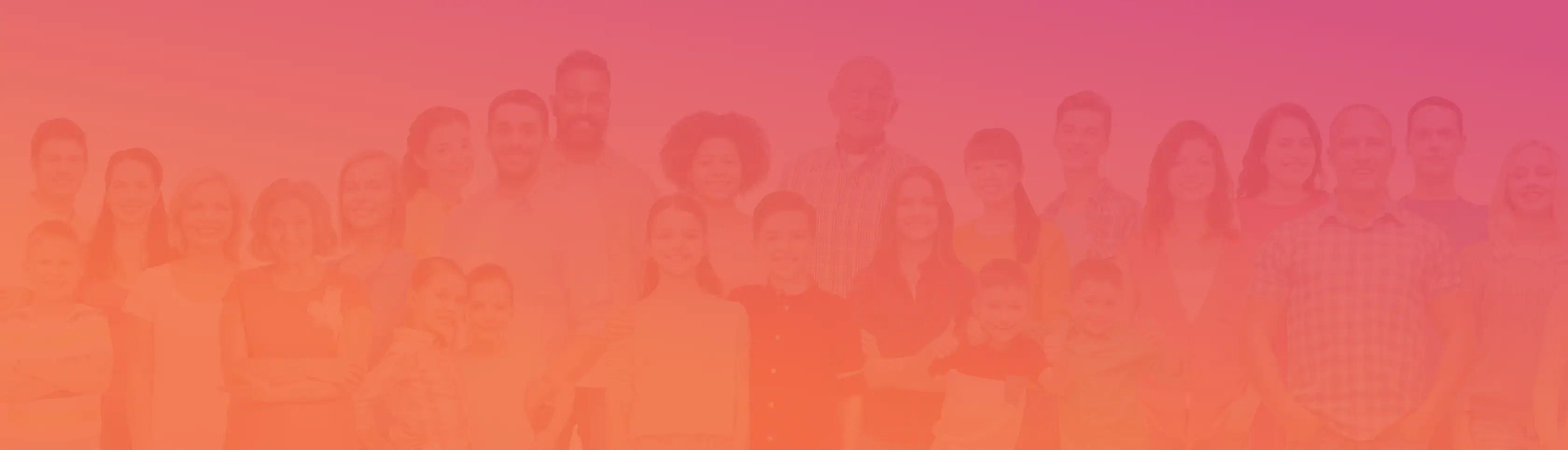 Group of people of all ages and ethnicities with a pink to orange gradient overlay.