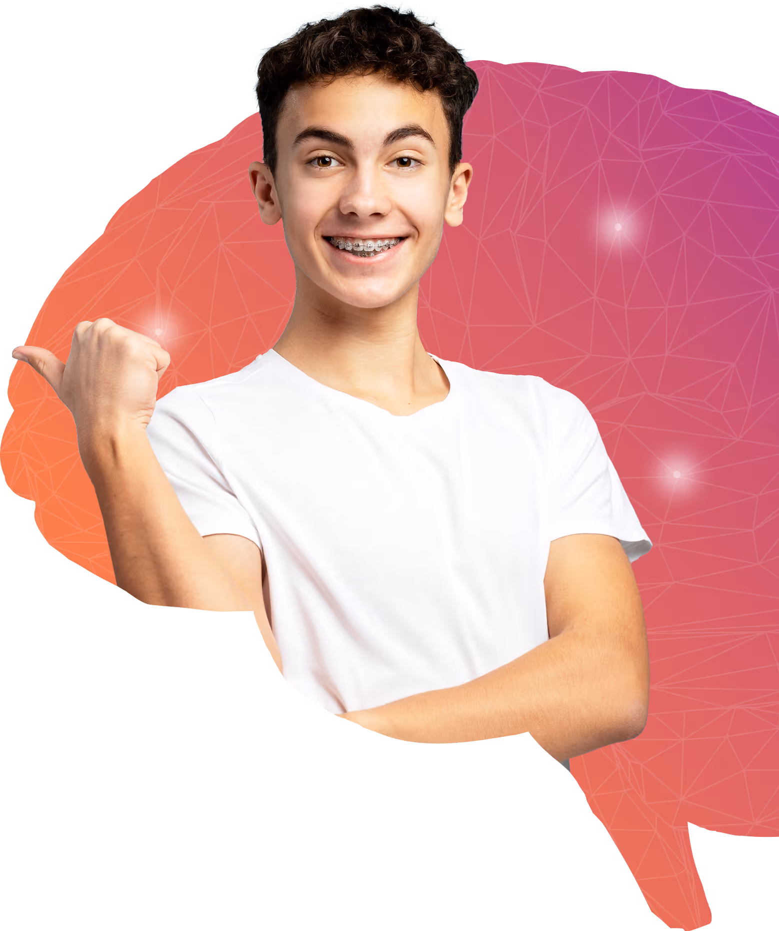 A boy's smiling face blended with a colorful brain and neural network design.