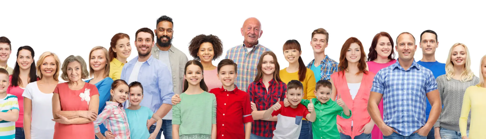 Group of people, all standing, of all ages and ethnicities.