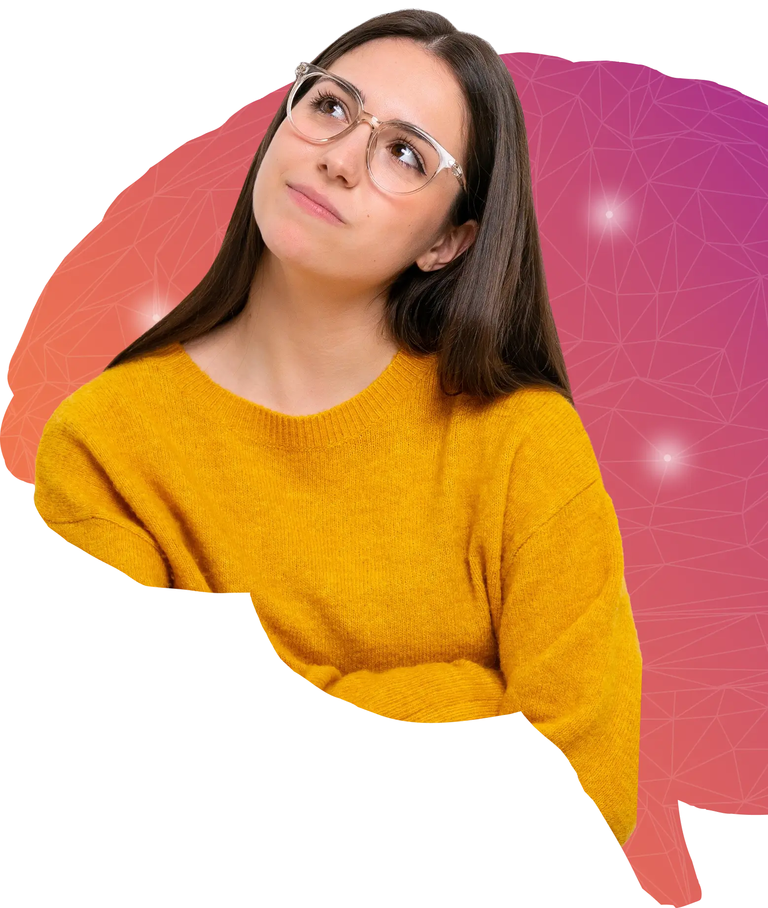A woman’s face in deep thought blended with a colorful brain and neural network design.