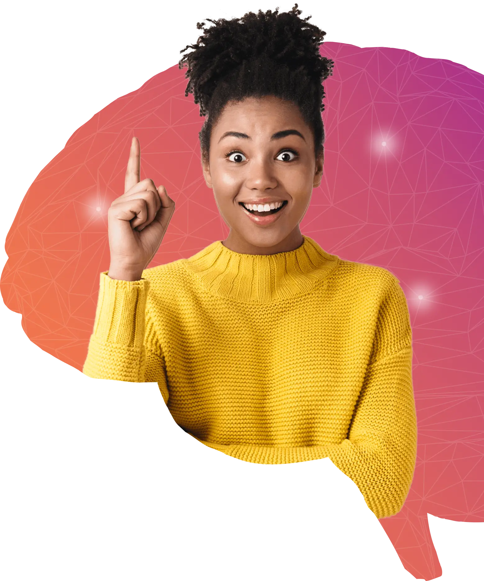 A woman’s face showing excitement about an idea blended with a colorful brain and neural network design.