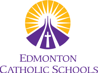 Edmonton Catholic Schools logo featuring a stylized purple cross with radiating yellow sun rays above the text.