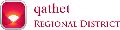 Qathet Regional District logo with a stylized red and orange sun over hills inside a rounded square.