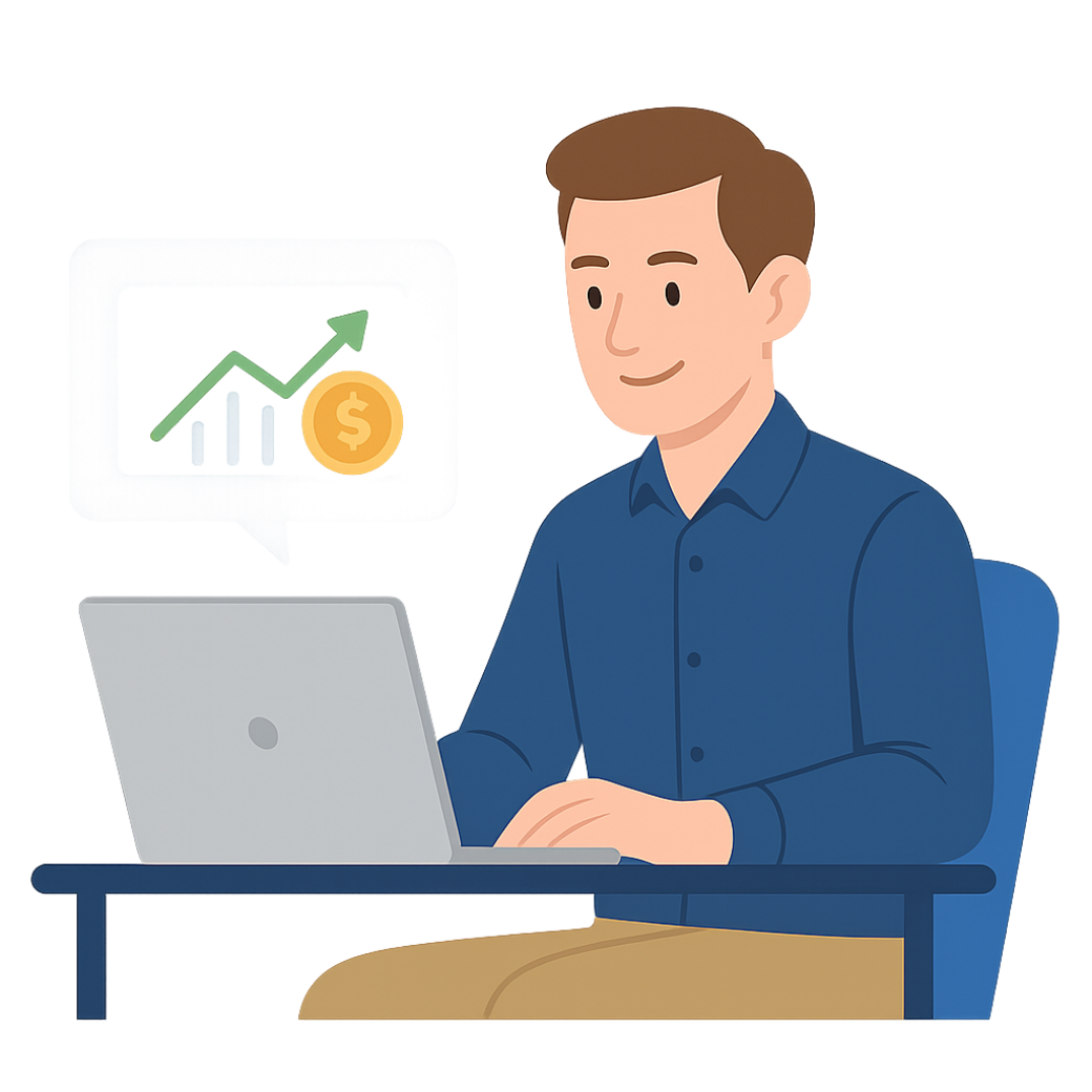 Illustration of a man learning about investing on a laptop