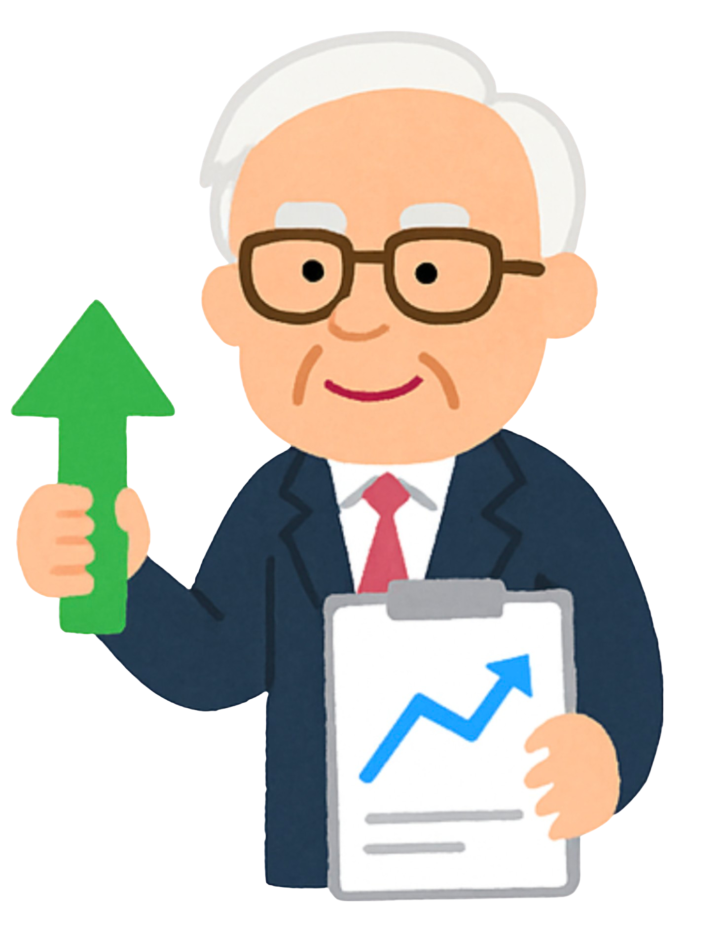 Cartoon illustration of Warren Buffett holding a financial growth chart