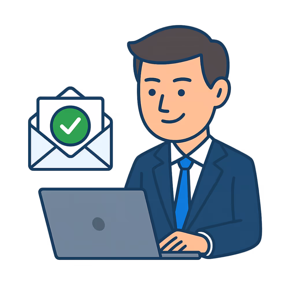 Illustration of a businessman in a suit working on a laptop, with an envelope icon featuring a green checkmark next to him, symbolizing successful email communication.
