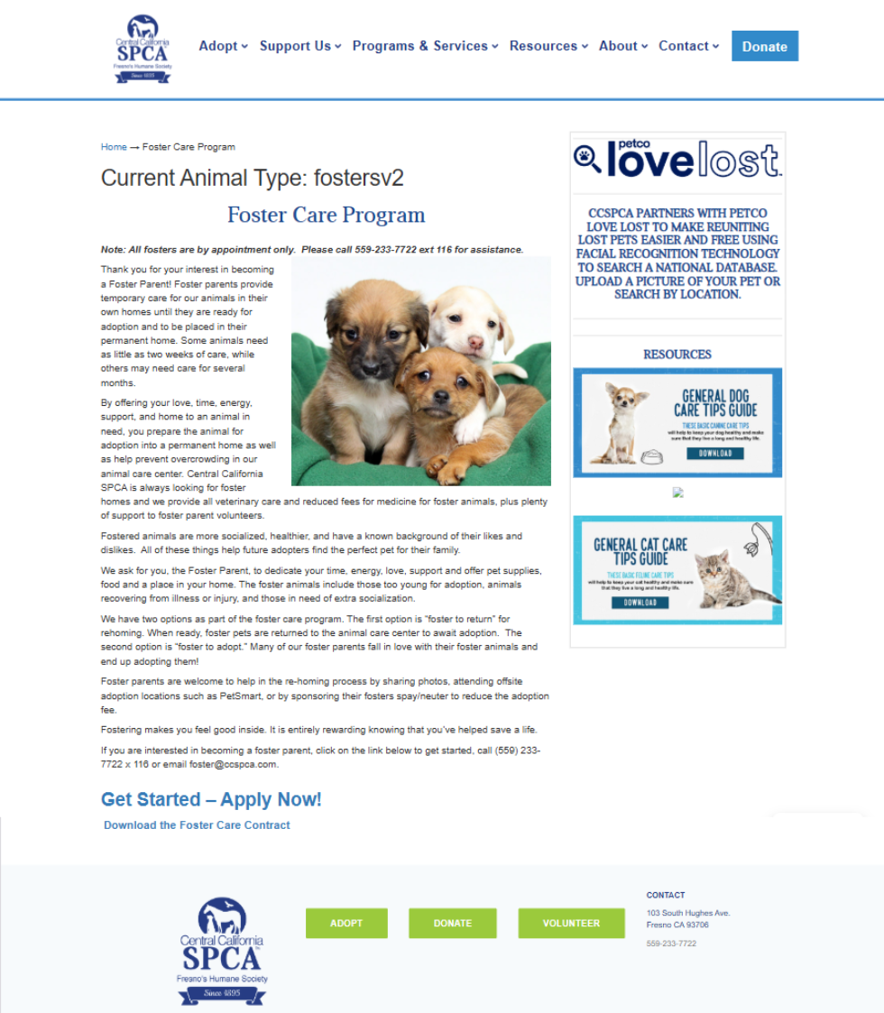 CCSPCA foster page before redesign.