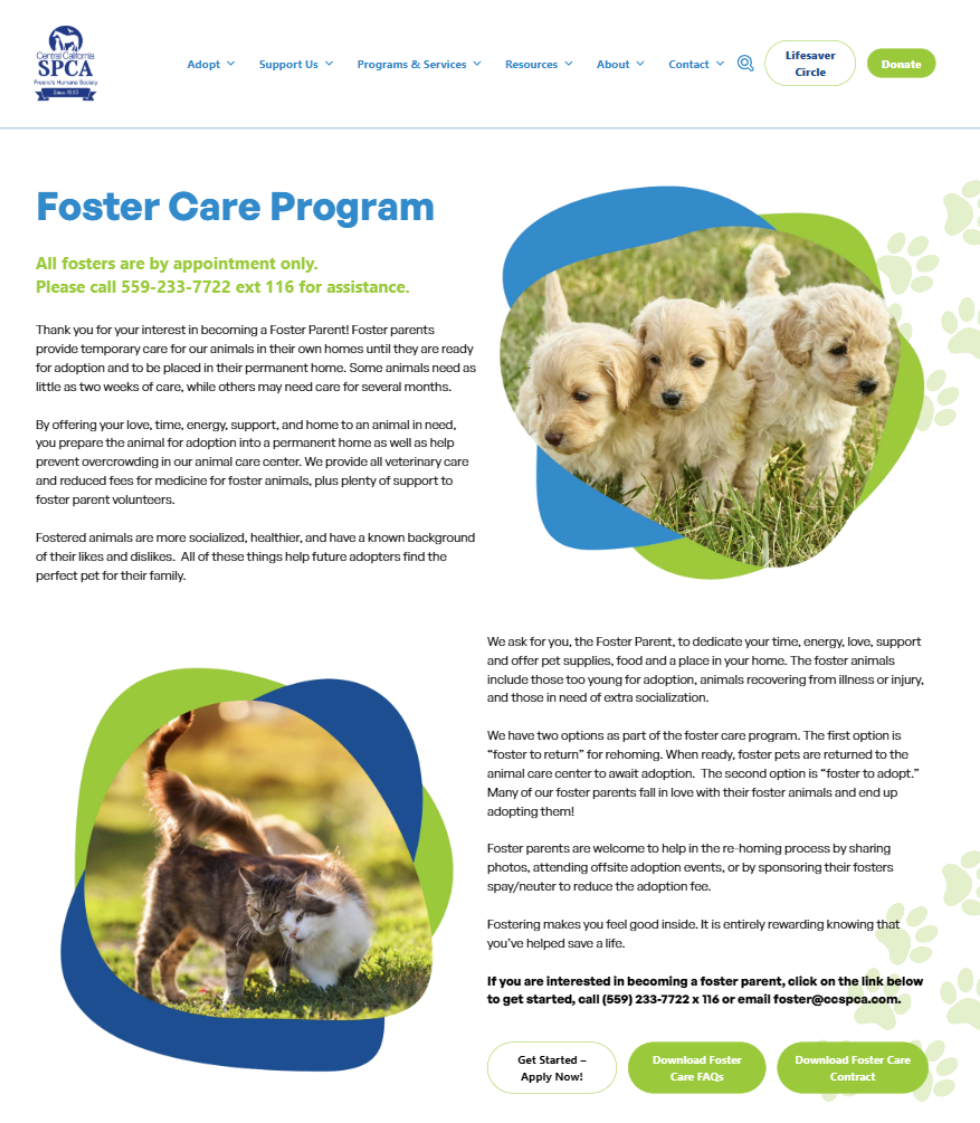 CCSPCA foster page after redesign.
