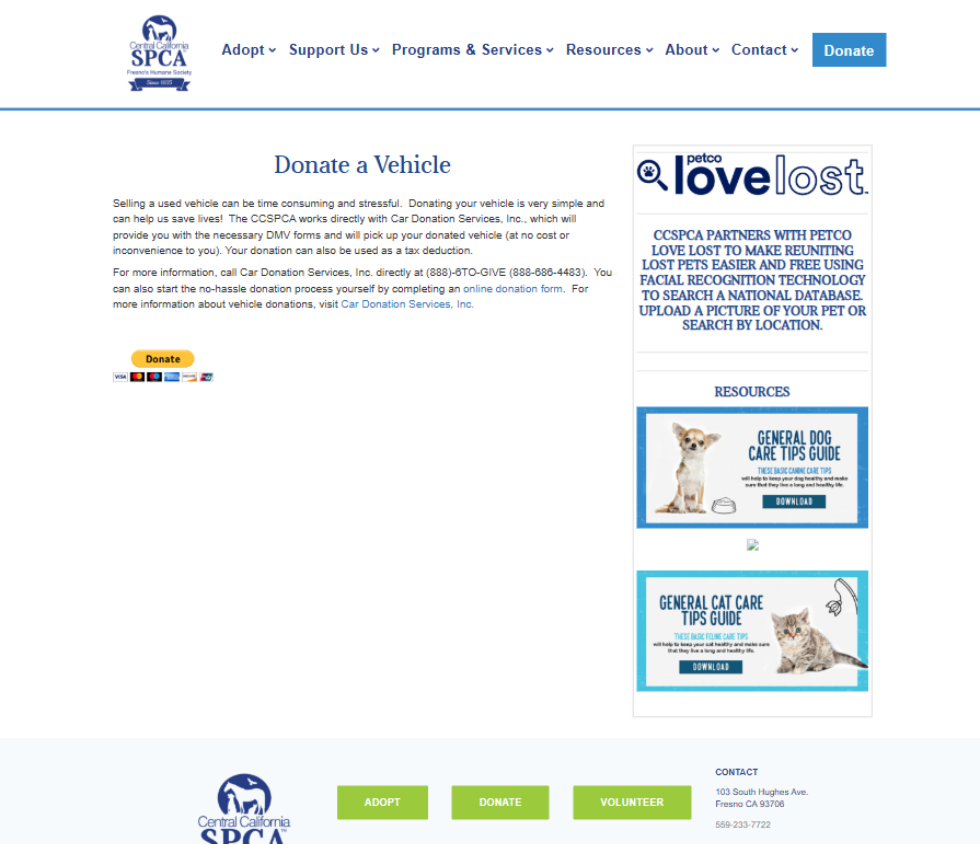 CCSPCA vehicle donation page before redesign.