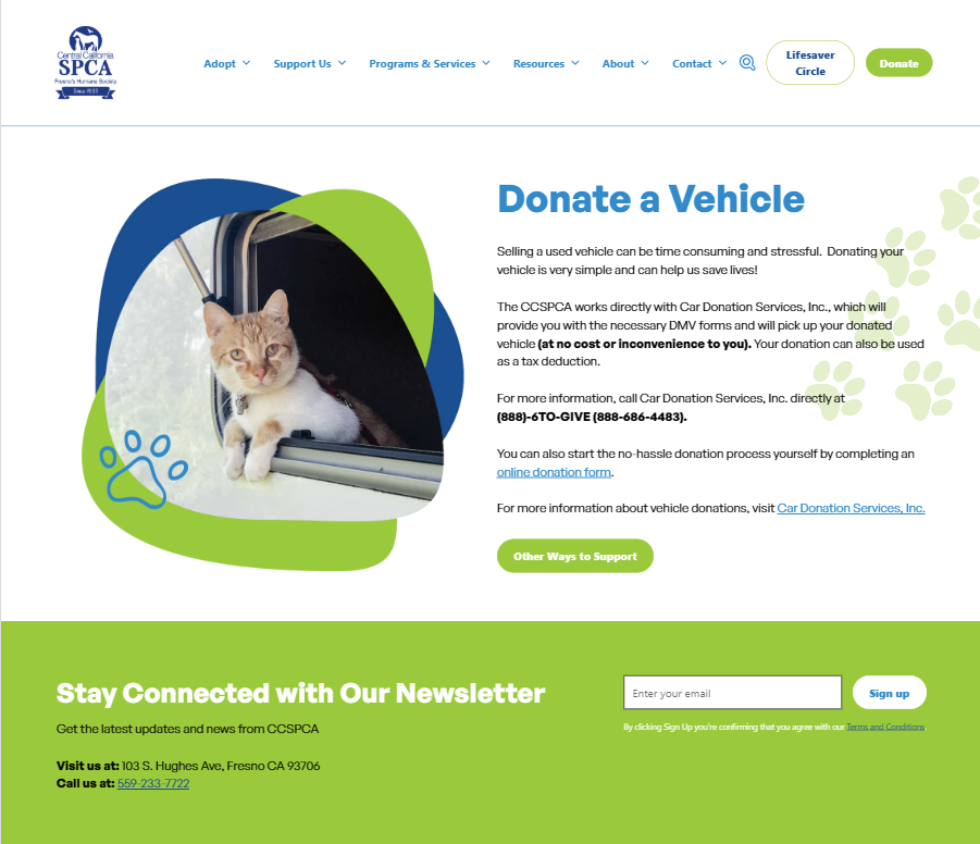 CCSPCA vehicle donation page after redesign.