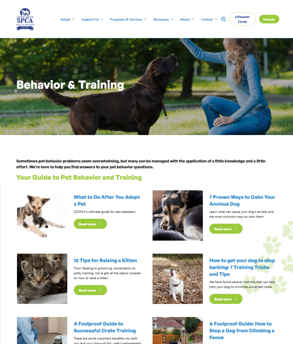 CCSPCA training page after redesign.