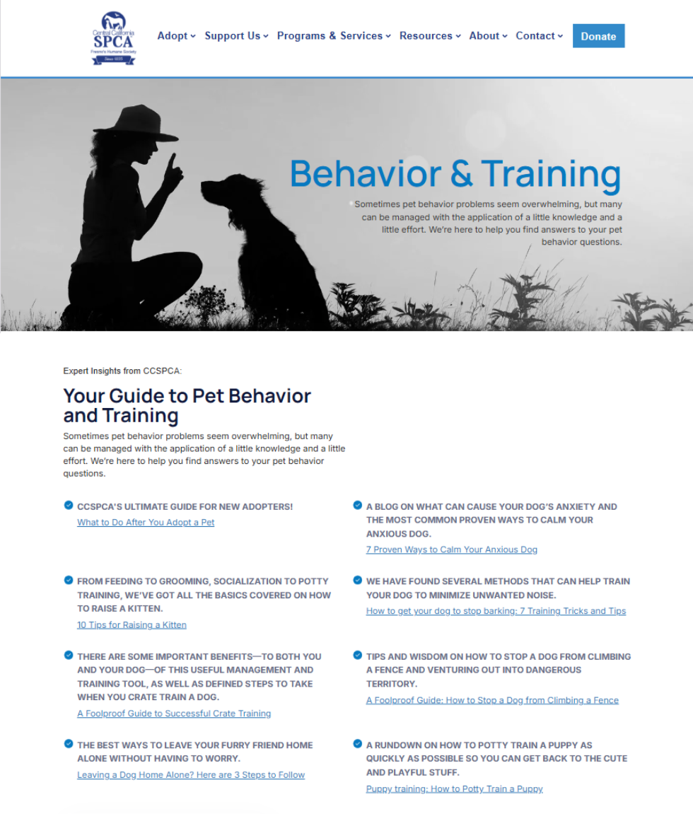 CCSPCA training page before redesign.