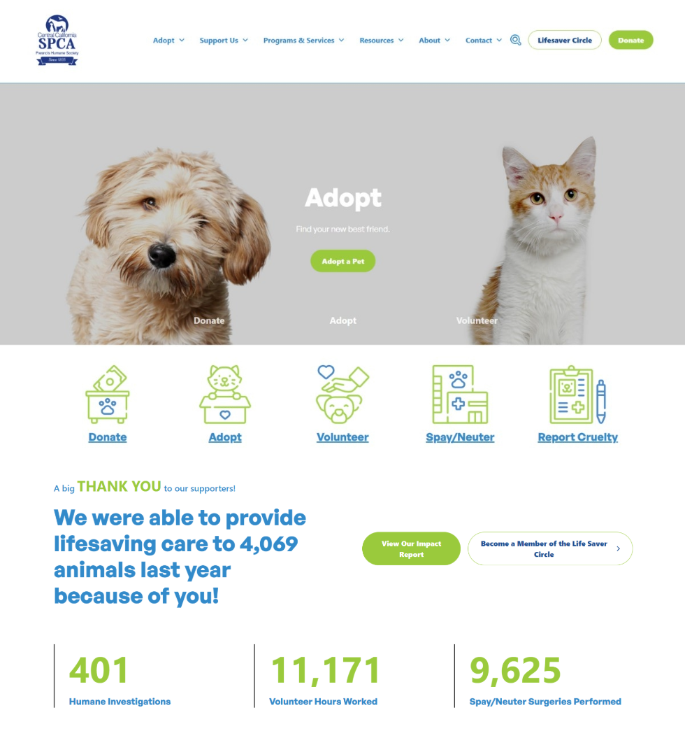 CCSPCA homepage with navigation bar.