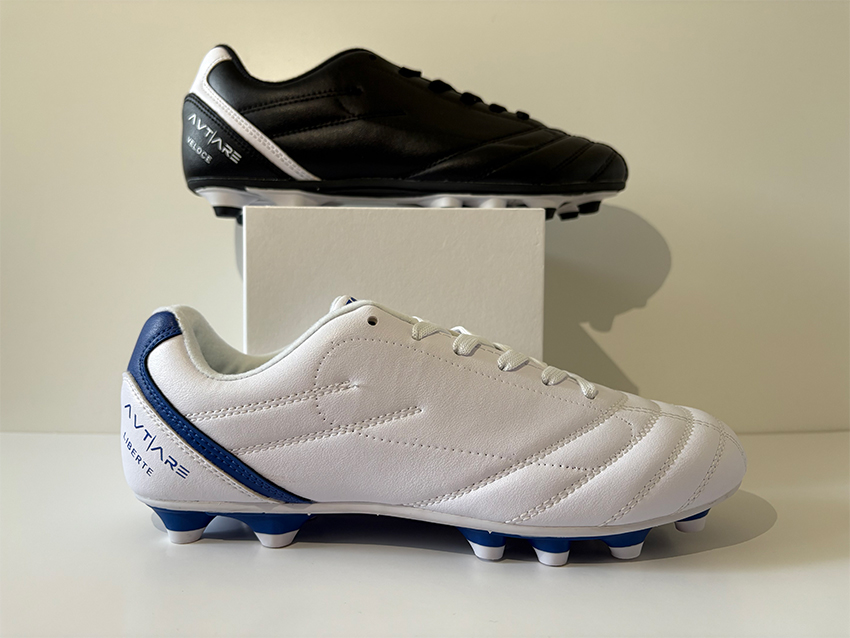 Side angle shot of both black and white, and white and blue Avtiare Classico Shoes