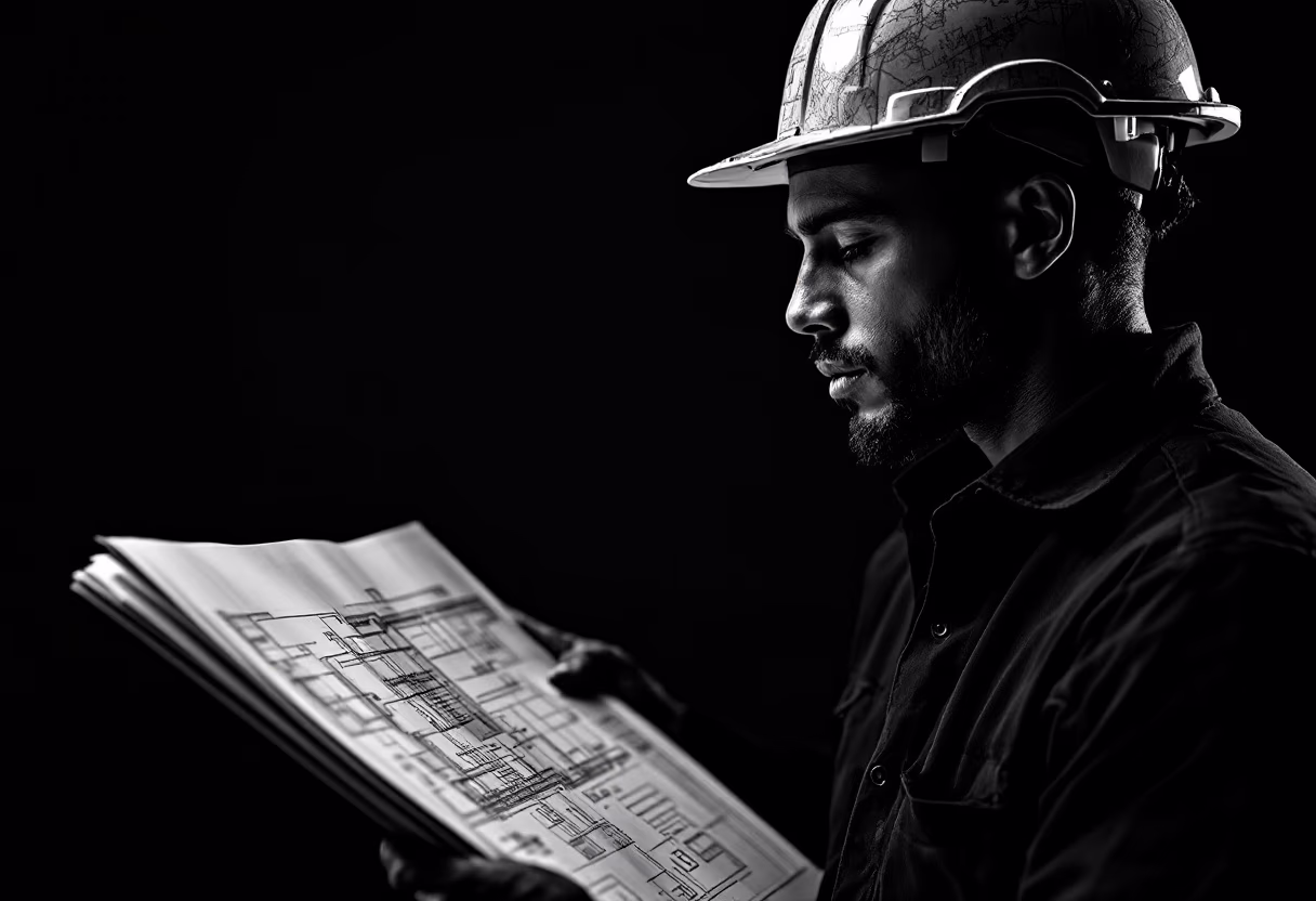 HVAC foreman in a hard hat reviewing blueprints inside a commercial mechanical room.