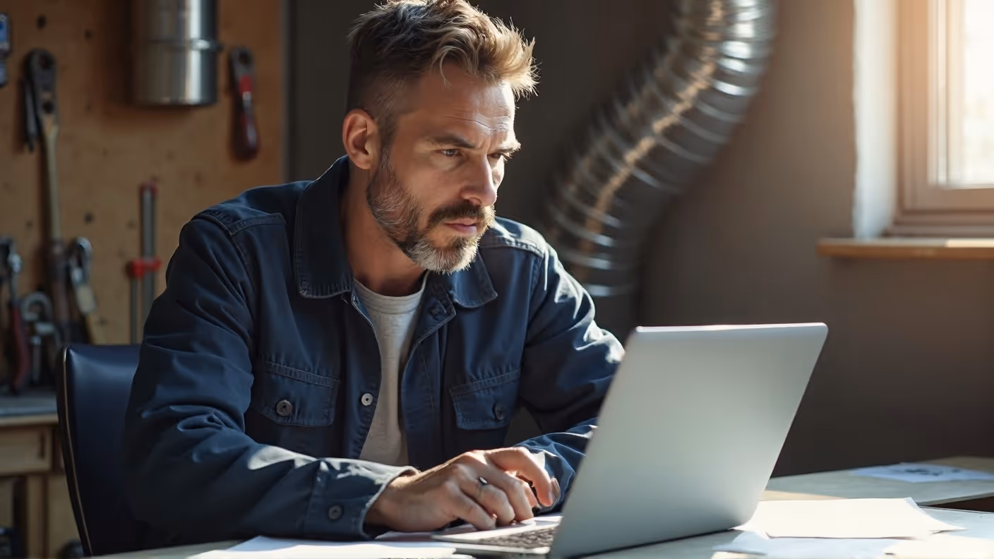 HVAC executive reviewing job costs and margins on a laptop inside the shop office.