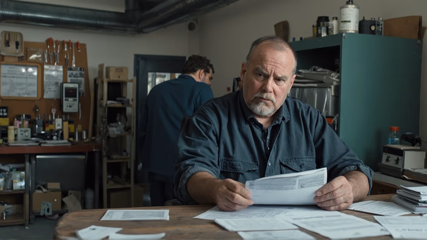 HVAC business president reviewing financial paperwork in the office to assess company performance.