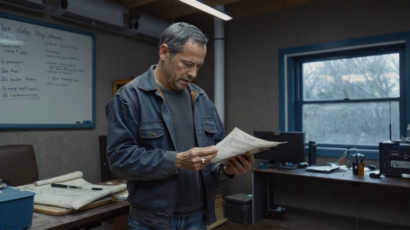 HVAC business owner reviewing exit plan documents inside an office backroom.