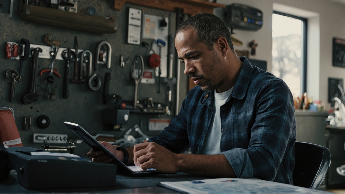 Commercial HVAC shop owner reviewing a Workplan on a tablet while seated at a workbench with tools.