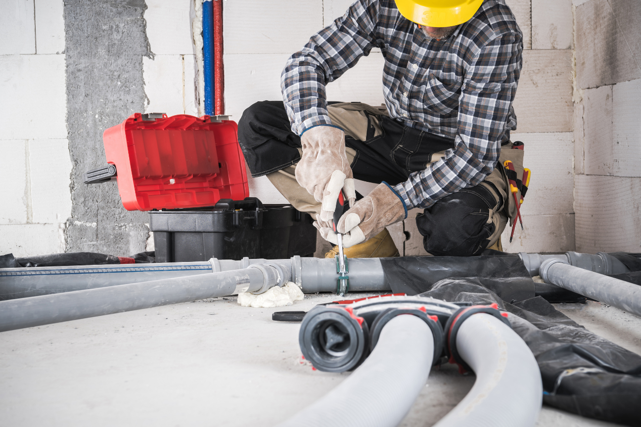 HVAC technician in flannel installing piping on-site, representing TradeSworn’s hands-on experience and practical growth strategy for owners.