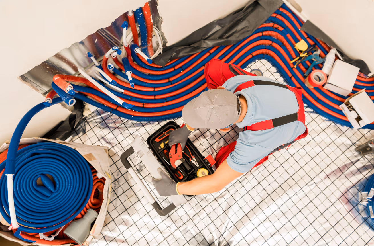 Commercial HVAC technician installing radiant heating piping and preparing equipment on a jobsite