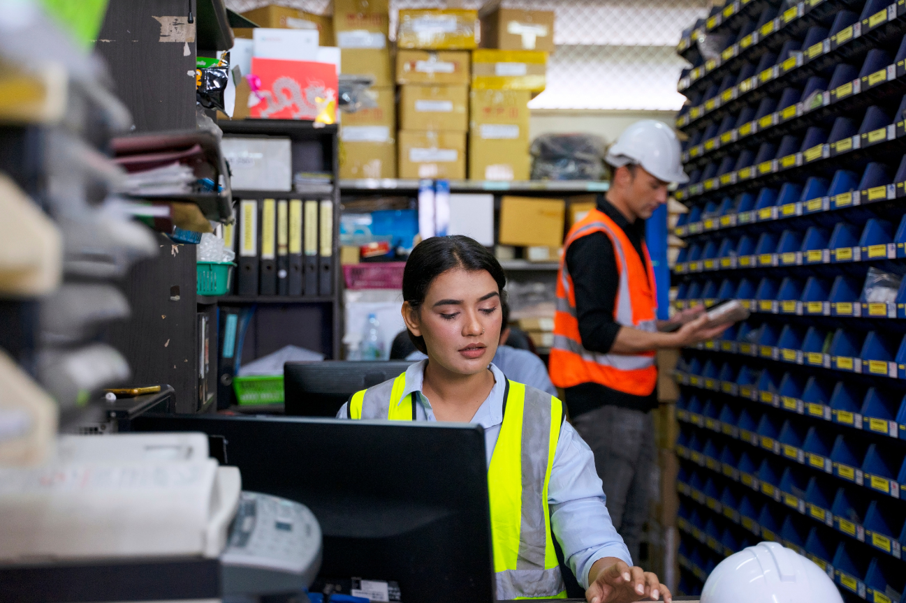 HVAC sales executive working inside a well-stocked parts room, focused on her screen while her teammate inventories supplies.